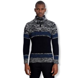 LCR Men's Wool Kakhi/Black Stripe Buckle Knit Sweater